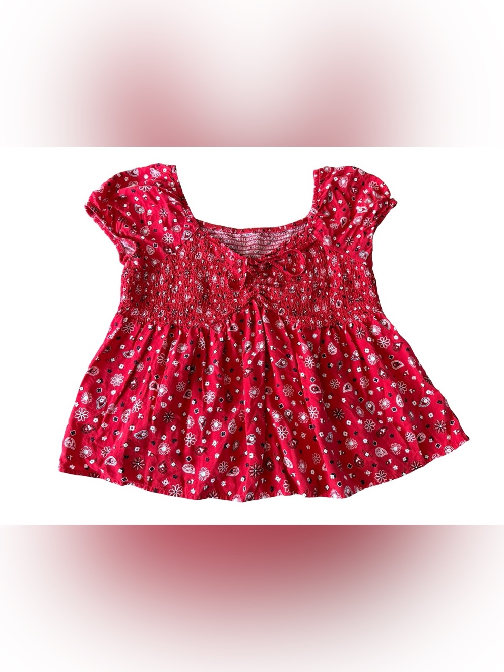 Red Bandana Paisley Smocked Peasant Top Medium Cottagecore Western